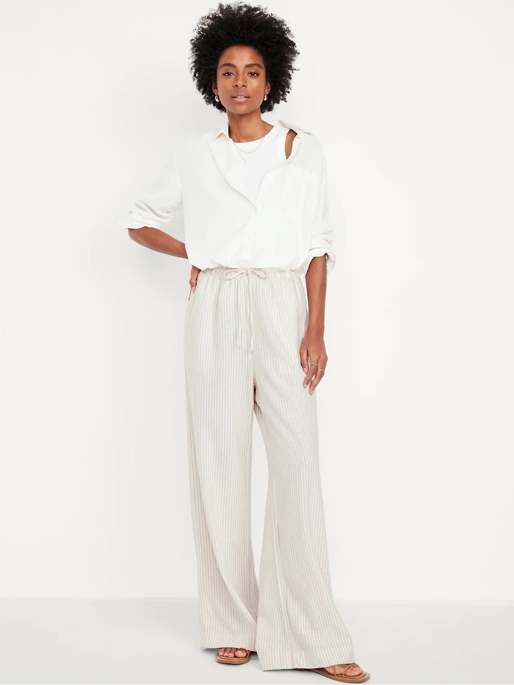 NWT Old Navy High-Waisted Linen-Blend Super Wide-Leg Pants in White Strip